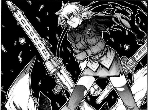 Seras stamps the ground, and machine guns fly into her hands