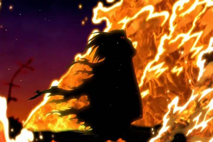 Alucard stands in the flames