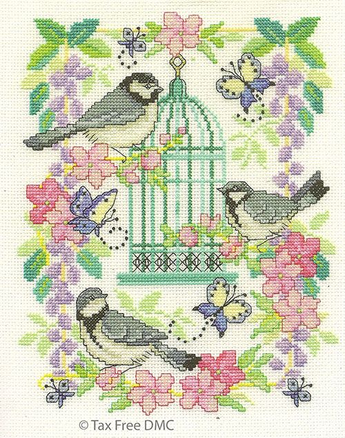 NEW CROSS STITCH MAGAZINE KIT BOOKMARK VINTAGE BIRDCAGE BIRDS LILAC FLOWERS
